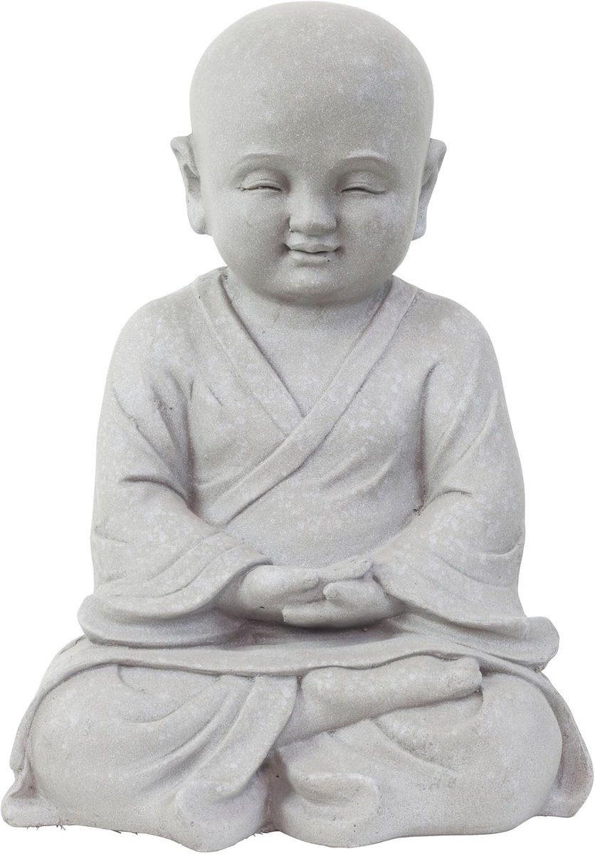 Tuinbeeld Shaolin Monnik Boeddha Mediterend - Grijze Steenlook - 42 cm Hoog - Voor Binnen en Buiten - ShopVlot