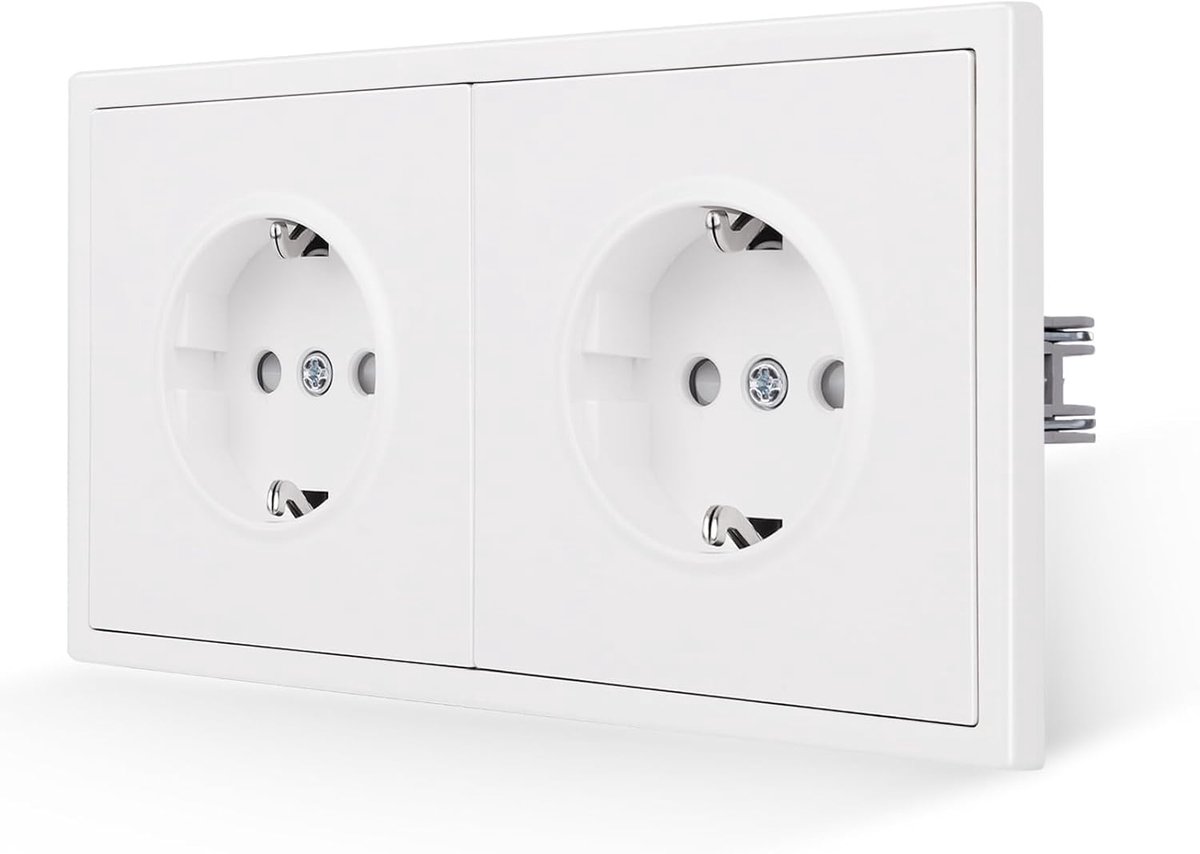 Dubbele witte matte wandcontactdoos - Schuko 16 Amp - Veiligheidsvoorzieningen - Ideaal voor huishoudelijke apparaten - ShopVlot