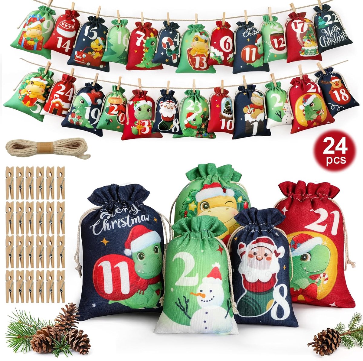 Adventskalender voor vullen - 24 jute zakken - uniek ontwerp met dino's en kerstmotieven - ShopVlot