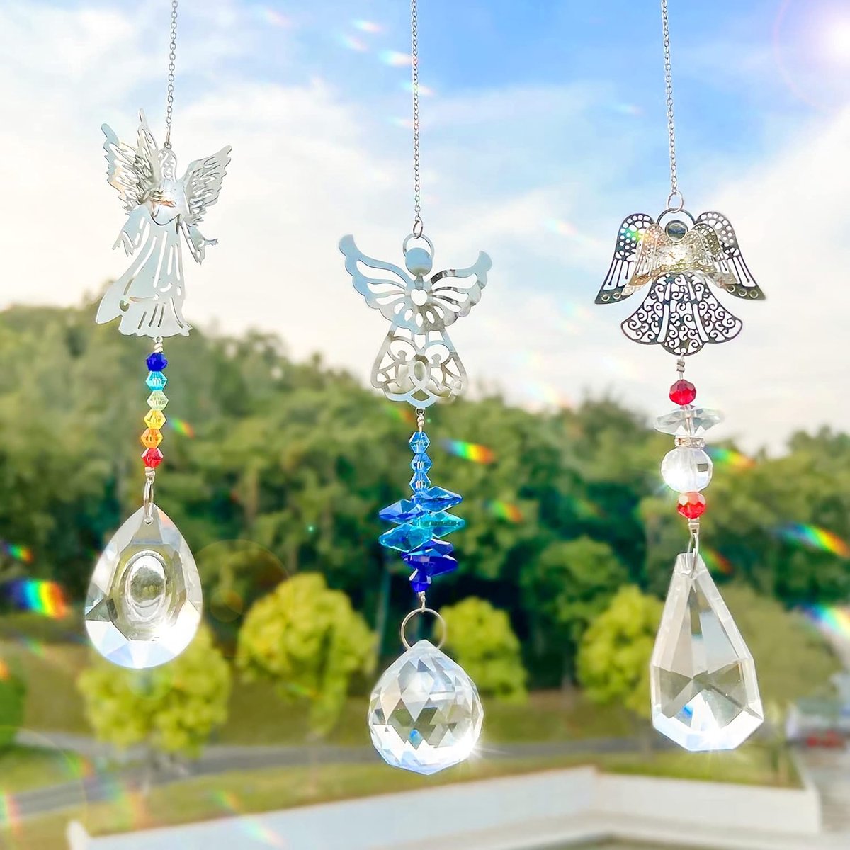 Zonvangers 3 Stuks - Kristallen Engelen en Hart Prismen - Met Ketting en Hangdecoratie - Perfect voor Raam en Tuin - ShopVlot