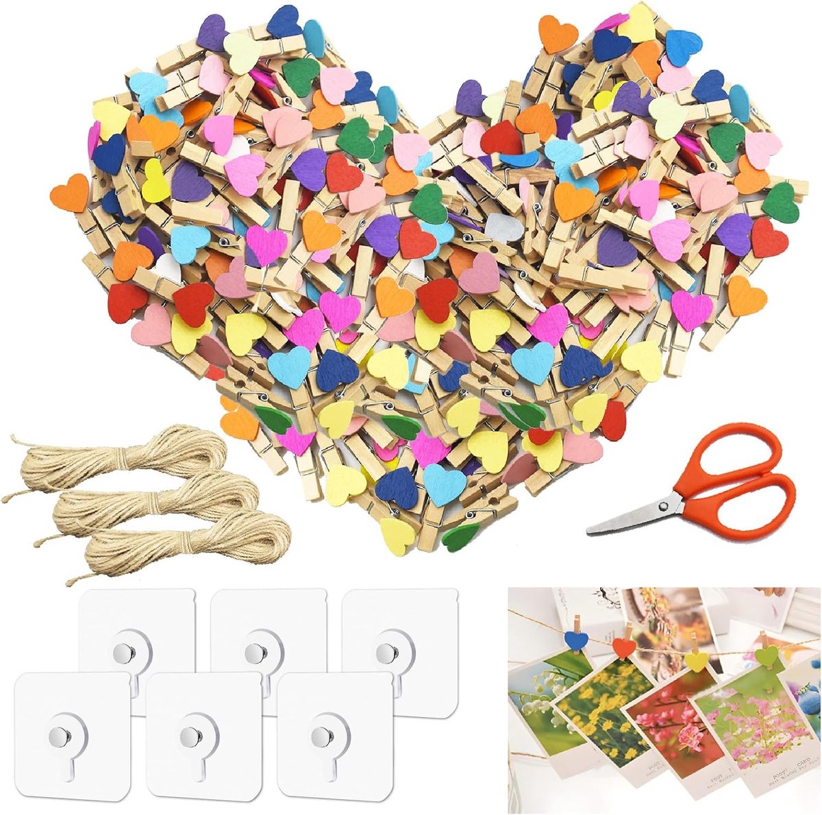 Houten Klemmetjes 3,5 cm - Kleurrijke Wasknijpers - Inclusief Jute Touw en Schaar - Perfect voor Decoratie - ShopVlot