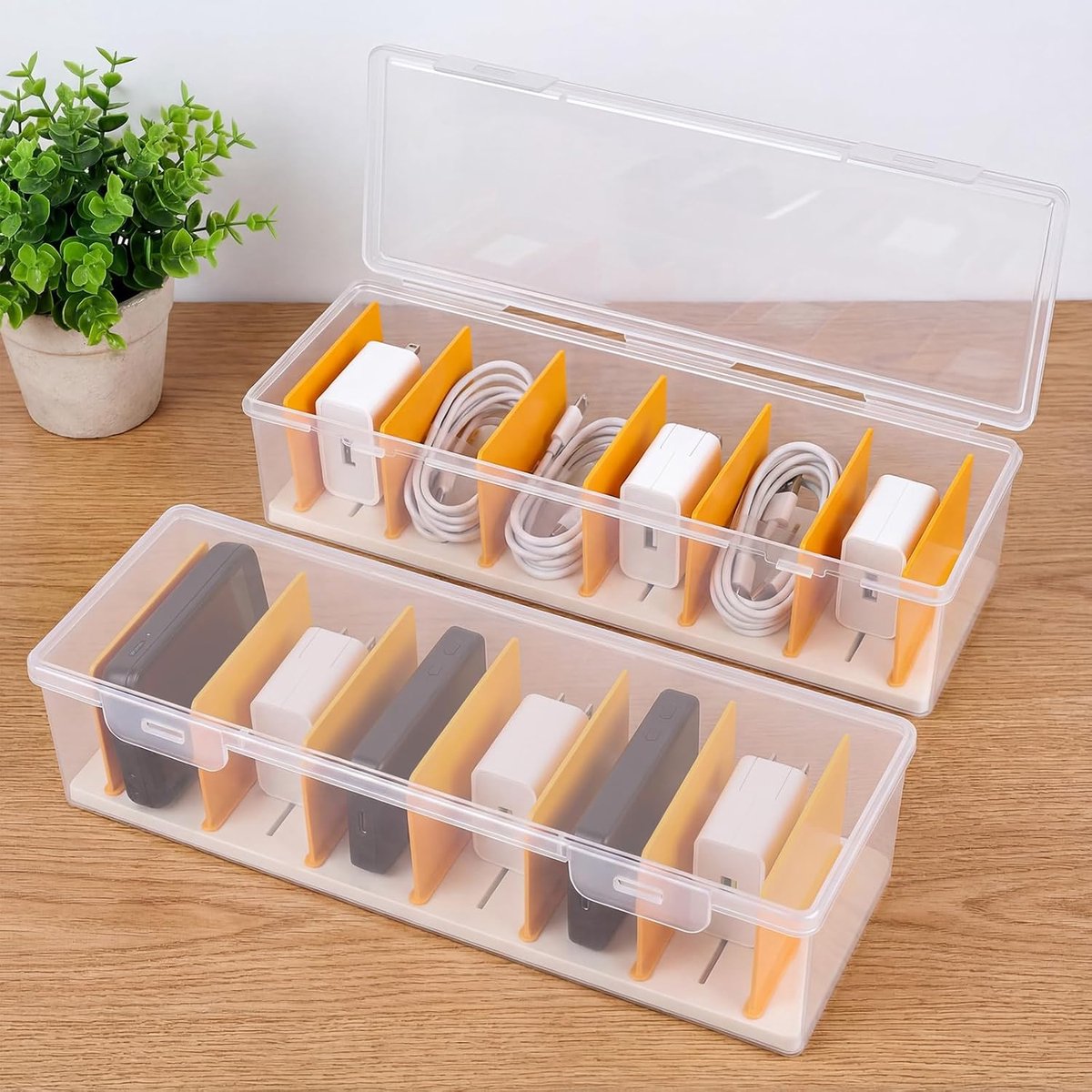 Kabelorganizer 2-delig - transparant plastic - 7 verwijderbare vakken - perfect voor op kantoor - ShopVlot