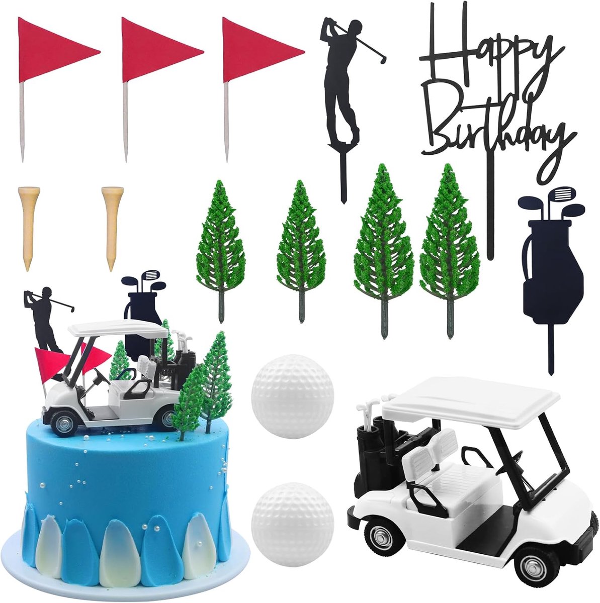 Cake Decoratie Golf Thema - Mini Trolley en Golf Ballen - Compleet voor Verjaardagsfeest - ShopVlot