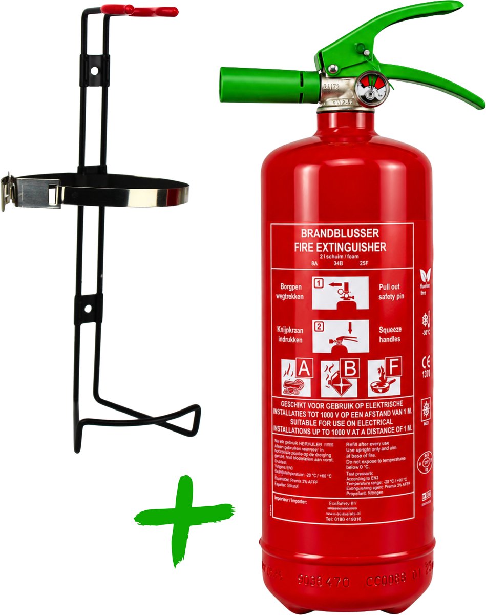 PFAS Vrije Schuimblusser 2L ABF – Vorstvrije Vetblusser 2 liter – Met Houder en Manometer – Fluor vrije brandblusser