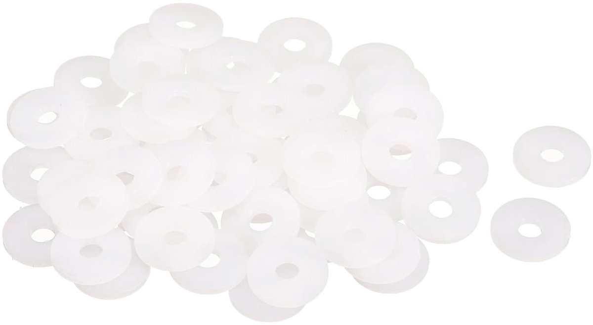 Platte sluitringen van nylon, M6, 6 mm, diameter 20 mm, dikte 2 mm, gladde sluitringen, rubberen schijven, kunststof schijf, afdichtring, wit, 60 stuks