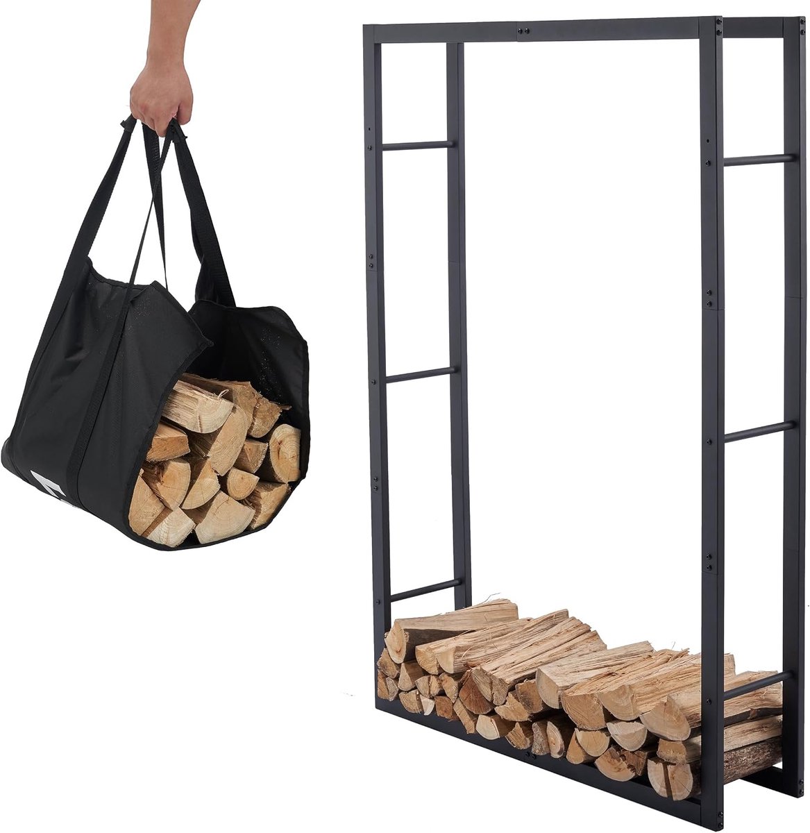 haardhoutrek 100x25x148cm - zwart metaal - binnen en buiten - eenvoudig te monteren - SnelShoppen
