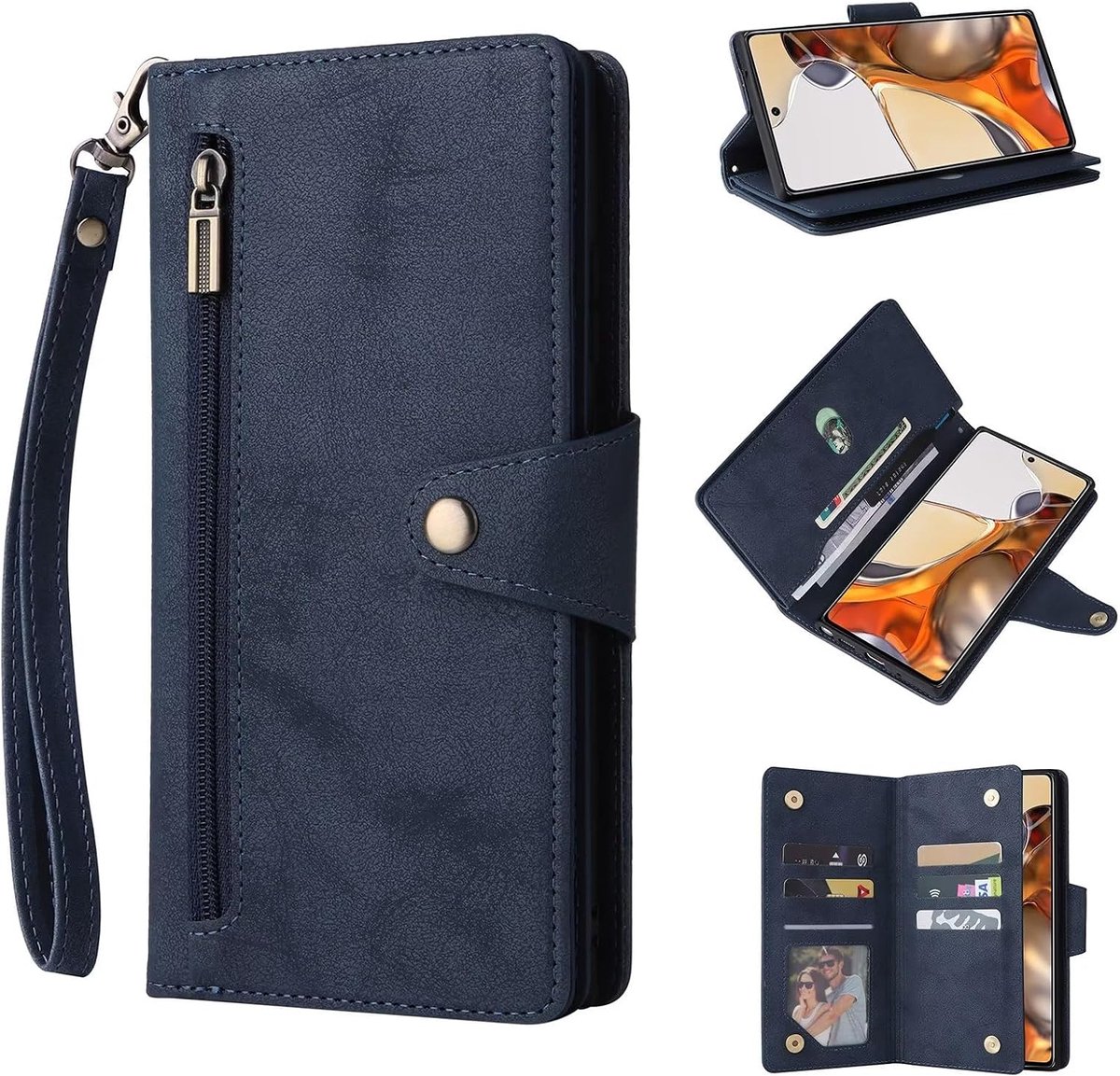 Leren Hoesje voor Google Pixel 8 Pro,Hoogwaardige lederen Shockproof Rits Portemonnee Flip Telefoongevallen met Kaartsleuven,Stand Functie,magnetische sluiting -blauw