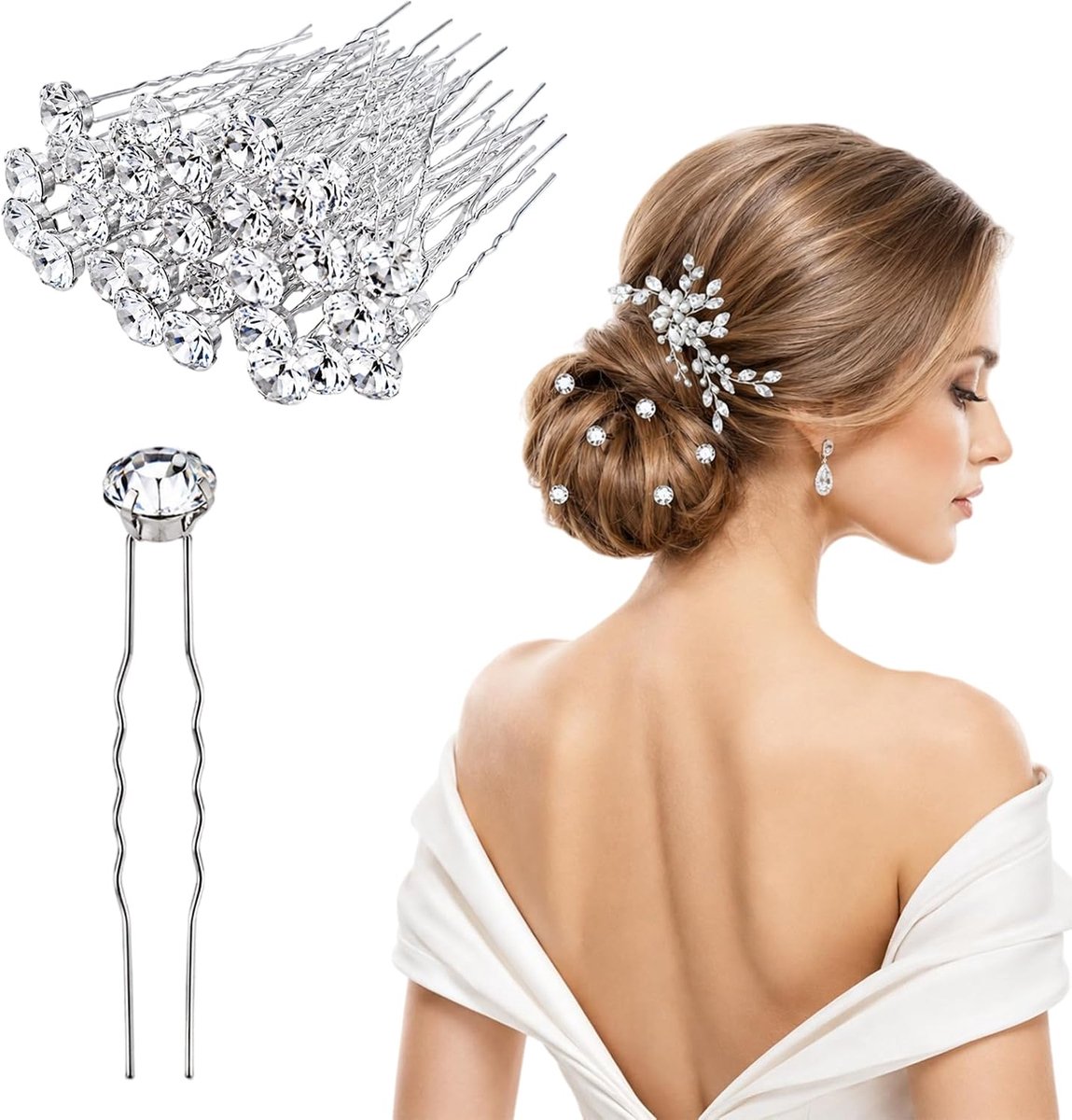 40 stuks haarsieraden bruiloft, U-vorm | Haarversiering bruiloft, 40 zilveren haarspelden, U-vorm met strass, veilige grip voor bruidskapsels
