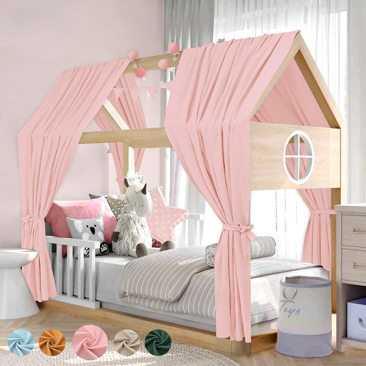 Huisbed, hemeldecoratieset, 2 bedhemden, huisbed van 100% katoen mousseline, 1 vlaggetjesslinger 300 cm, kinderbed, baldakijn, stoffen hemel voor meisjes en jongens, kinderkamer, 67 x 320