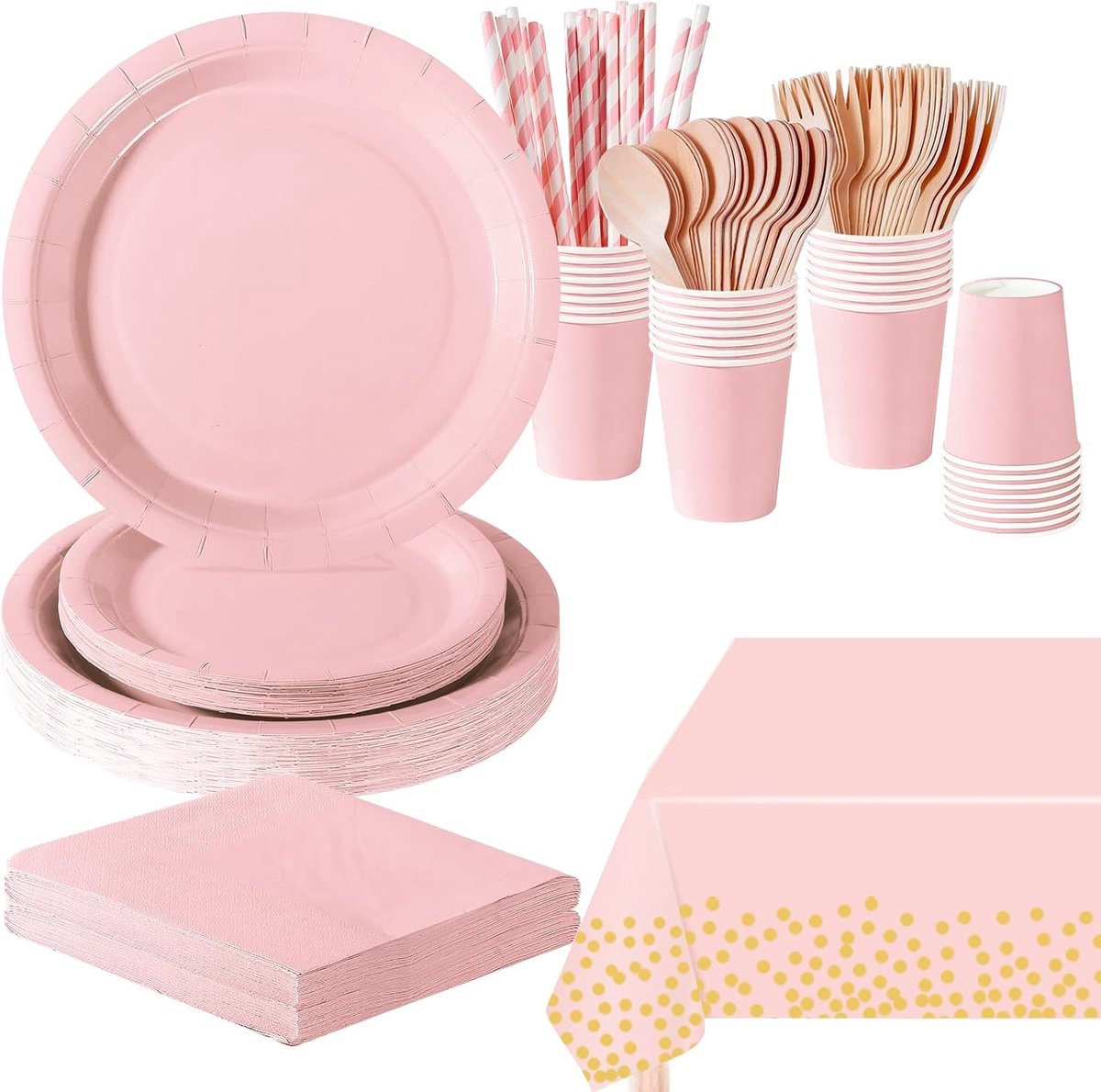 193 stuks Morandi roze feestservies set, papieren borden, kopjes servetten, tafelkleed, serviesset voor kinderen, volwassenen, verjaardag, bruiloft, babyshower, feestservies