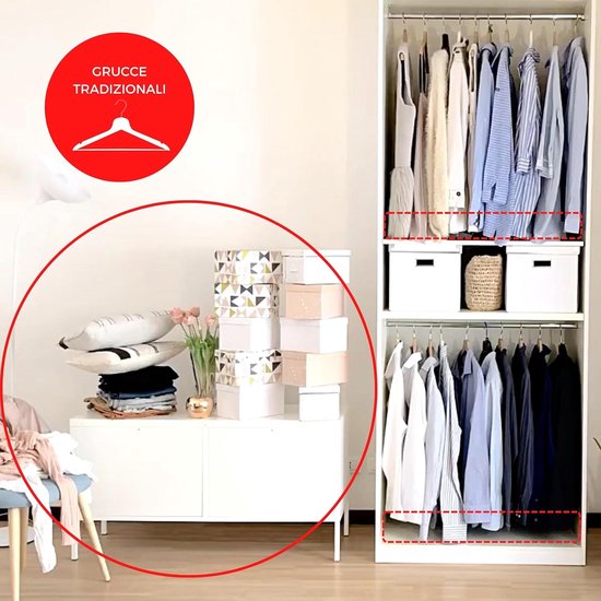 Plaatsbesparende kleerhangers, 20 stuks, met verstelbare haken, kledinghangers, made in Italy, kledinghaken, kapstok, kastorganizer, ruimtebesparend, 20 stuks, wit — afbeelding 4