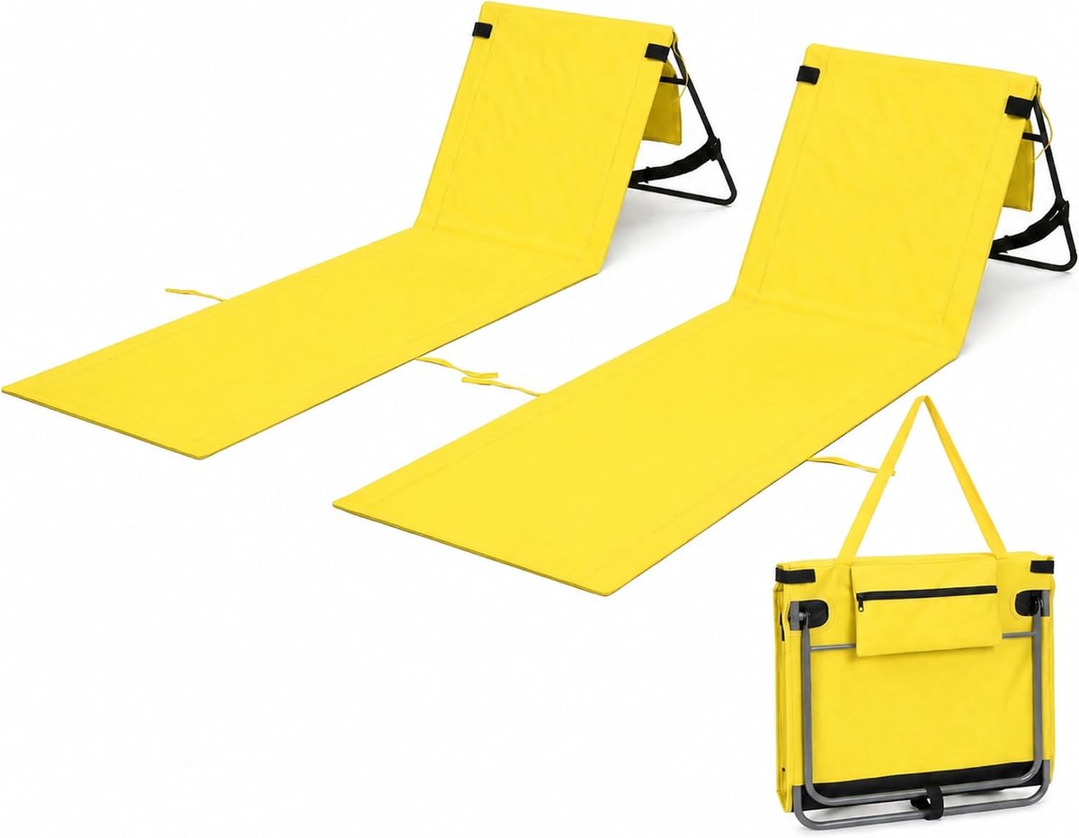 Set met 2 klapstoelen voor het strand (zonnegeel) | Lichte ligstoelen met schouderriem