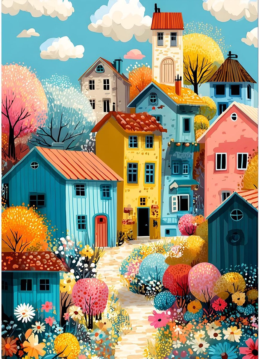 5D Sprookjesachtige stad, diamond painting-kit voor volwassenen, kleurrijke huizen, diamantkunst, complete doe-het-zelf set met wilde bloemen, perfect voor ontspanning en decoratie, 30 x 40 cm