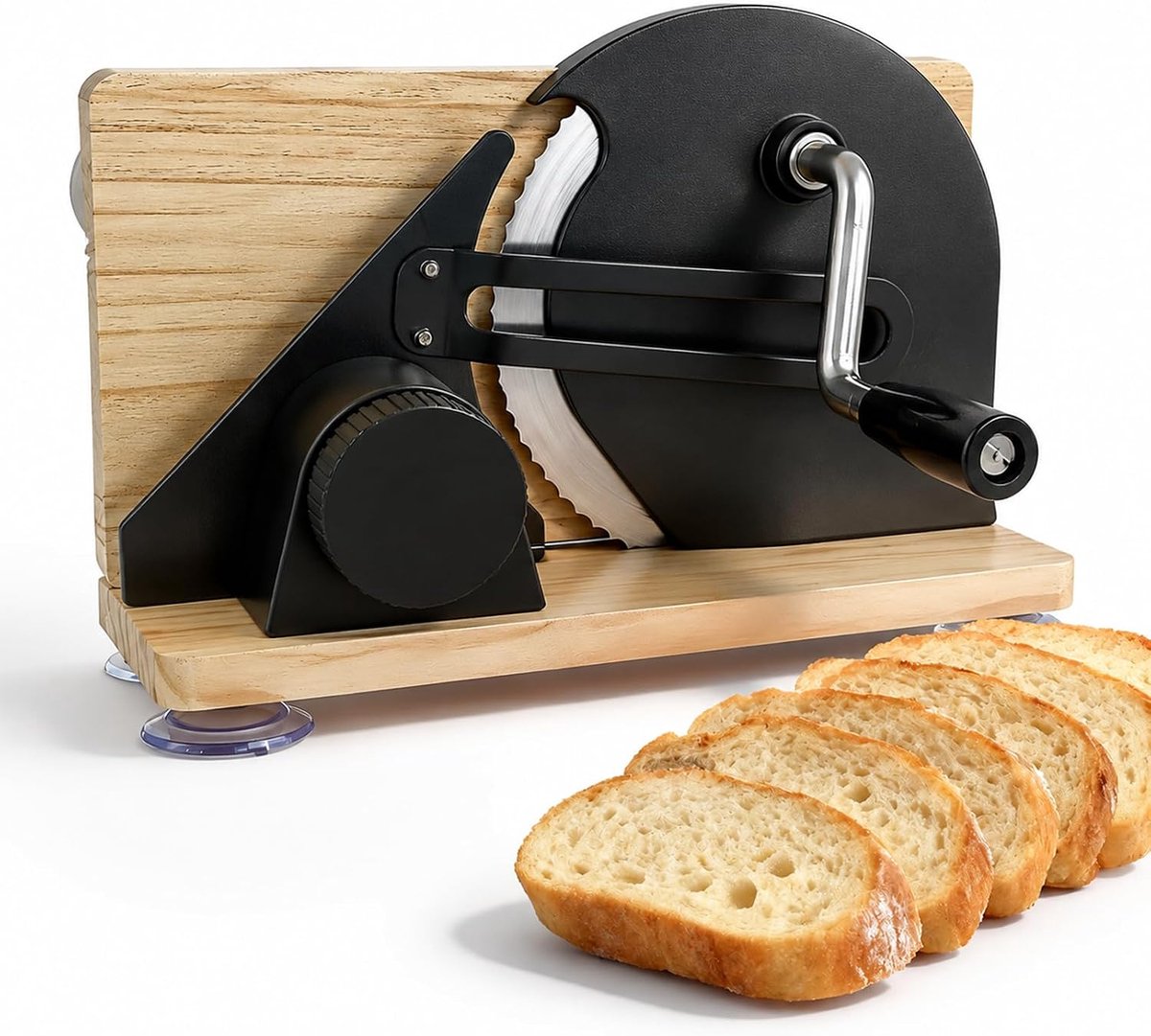 Broodsnijmachine met handslinger, 0-15 mm, instelbare schijfdikte met schaallijnen, scherp roestvrijstalen lemmet en inklapbare houten sokkel, compact voor zelfgemaakt brood en zuurdeeg