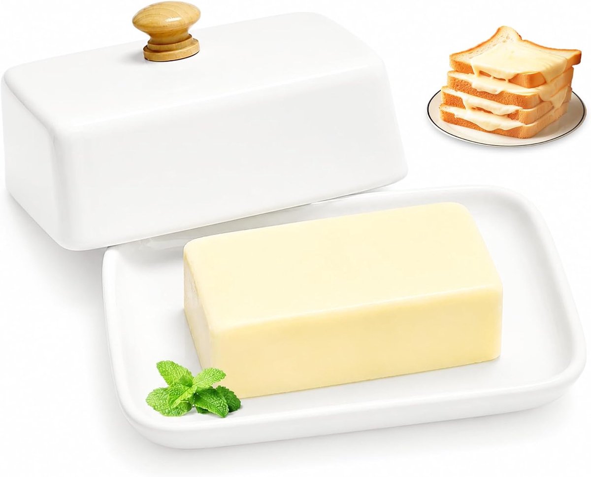 Botervloot met deksel, 250 g, hooggebrande botervloot, porselein, stofbescherming en aromabescherming, botervloot, keramiek, wit, geschikt voor vaatwasser, magnetron en oven