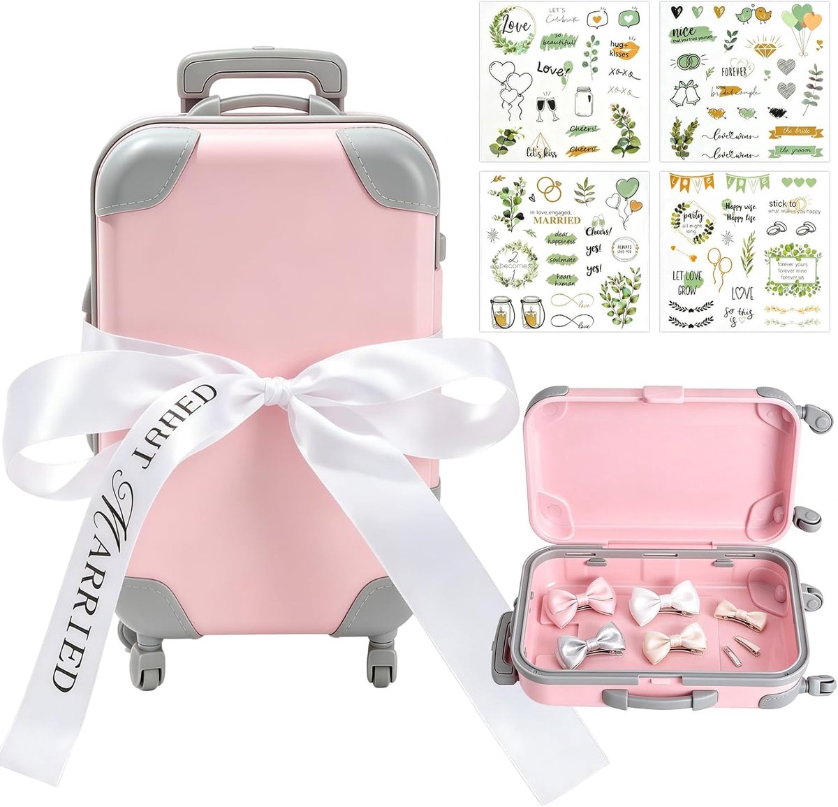 Koffer geschenkdoos bruiloft - geldgeschenk bruidspaar, 3-delig roze | Met 4 groene bruiloftsstickers en lint, ideaal voor geldgeschenken, reiskassa, huwelijksreis en Just Married decoratie
