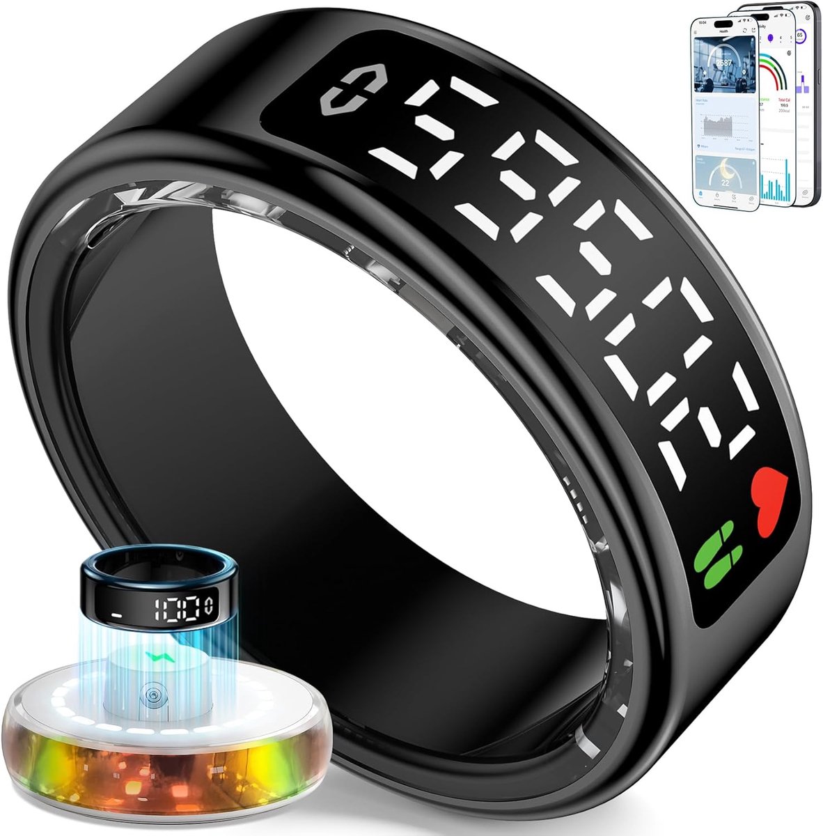 Ring voor Mannen en Vrouwen, 2026 Smart Ring met LED Scherm, IP68 waterdicht, Fitness Tracker voor het monitoren van de pulsmeter/SpO2/HRV, compatibel met iOS en Android (Zwart, 14)