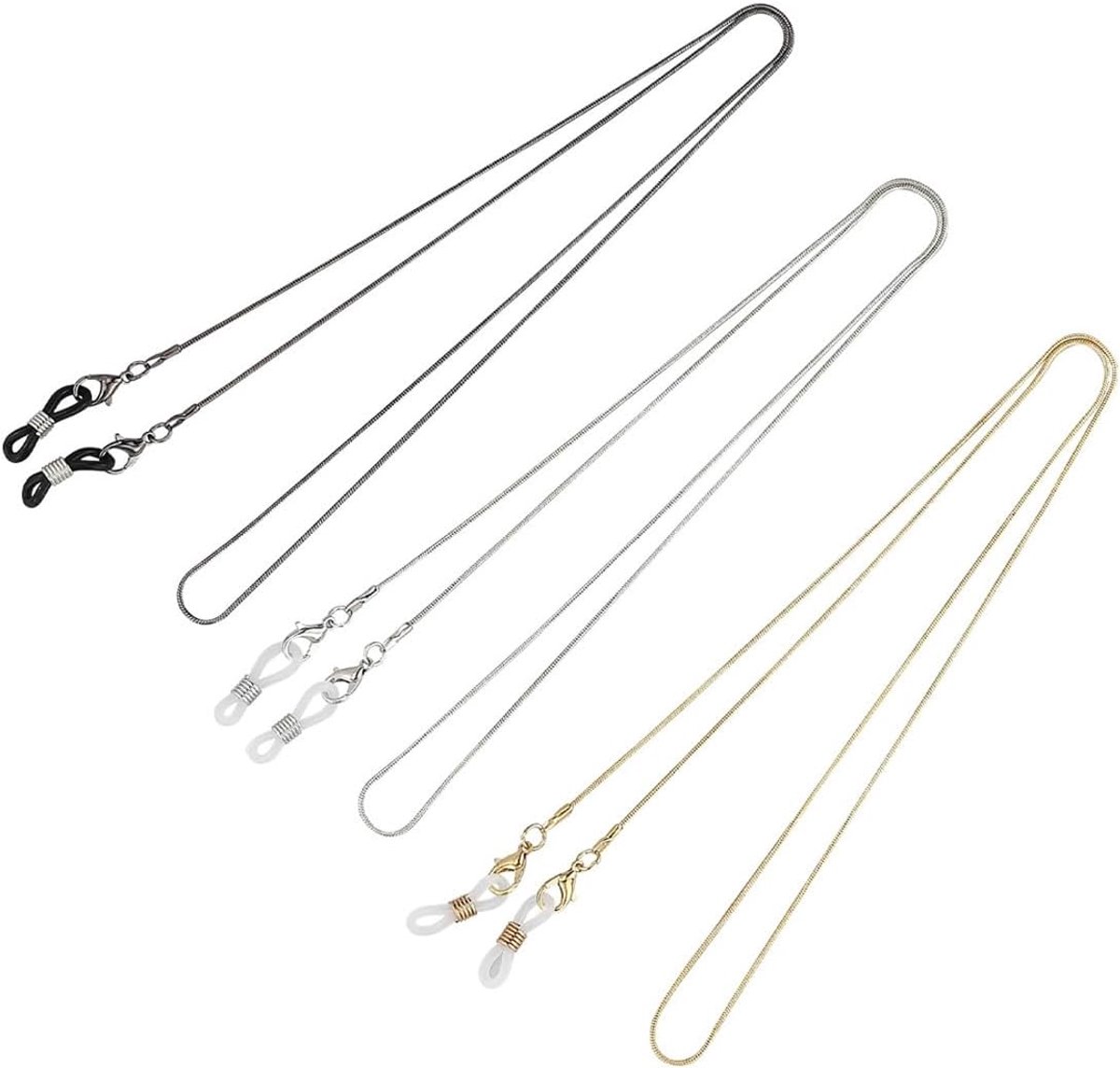 Set van 3 metalen brillenkettingen/halsbanden voor dames en heren, 74 cm, 6,4 g, lichtgoud, zwart en zilver.