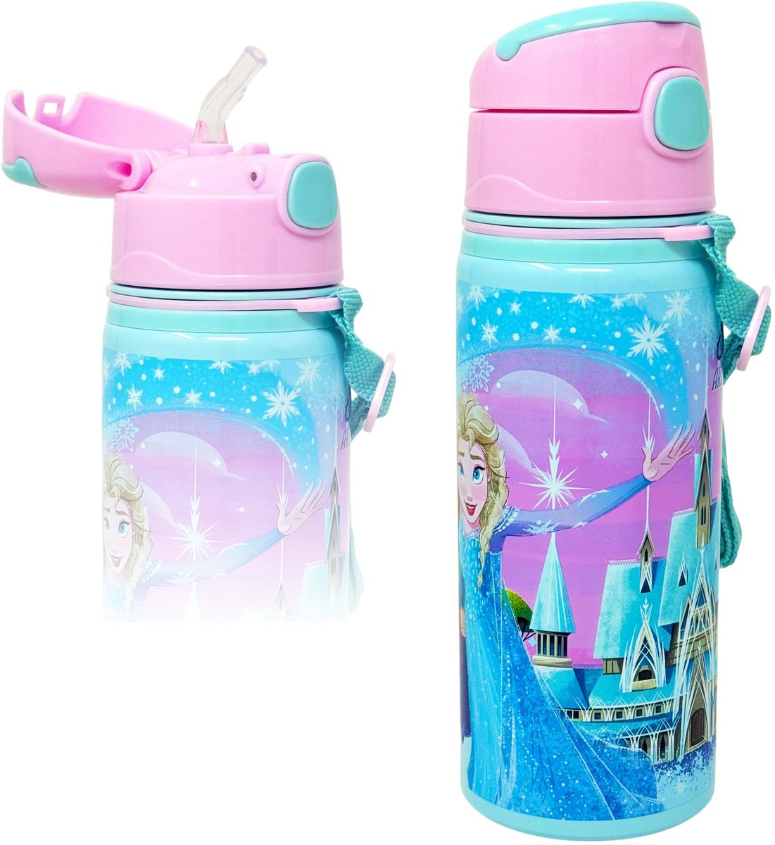 Drinkfles kinderen 600 ml - aluminium - met rietje en schouderriem - lekvrij voor school - ShopVlot