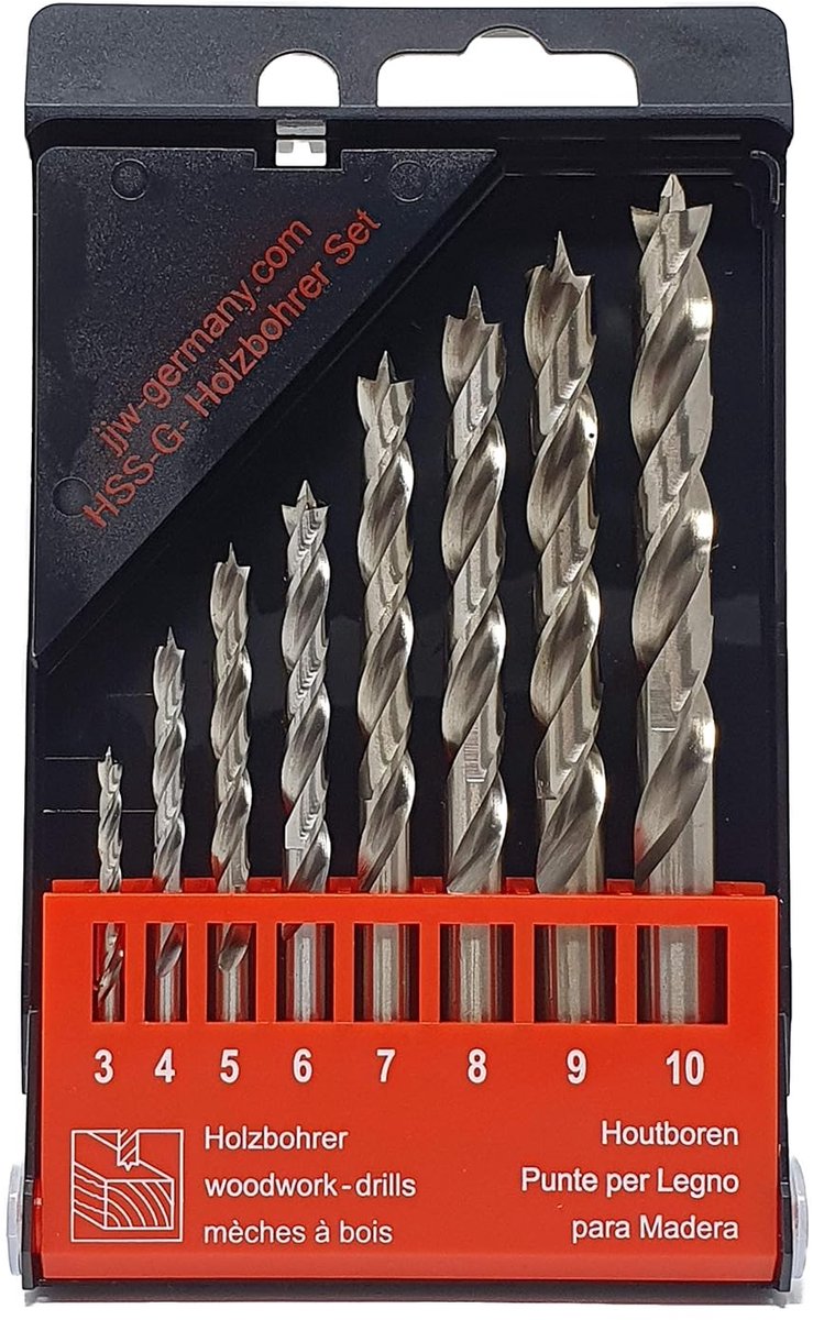 HSS-G precisie houtboor set van 8 - Ø 3 tot 10 mm - gehard staal - hoge slijtvastheid - ShopVlot