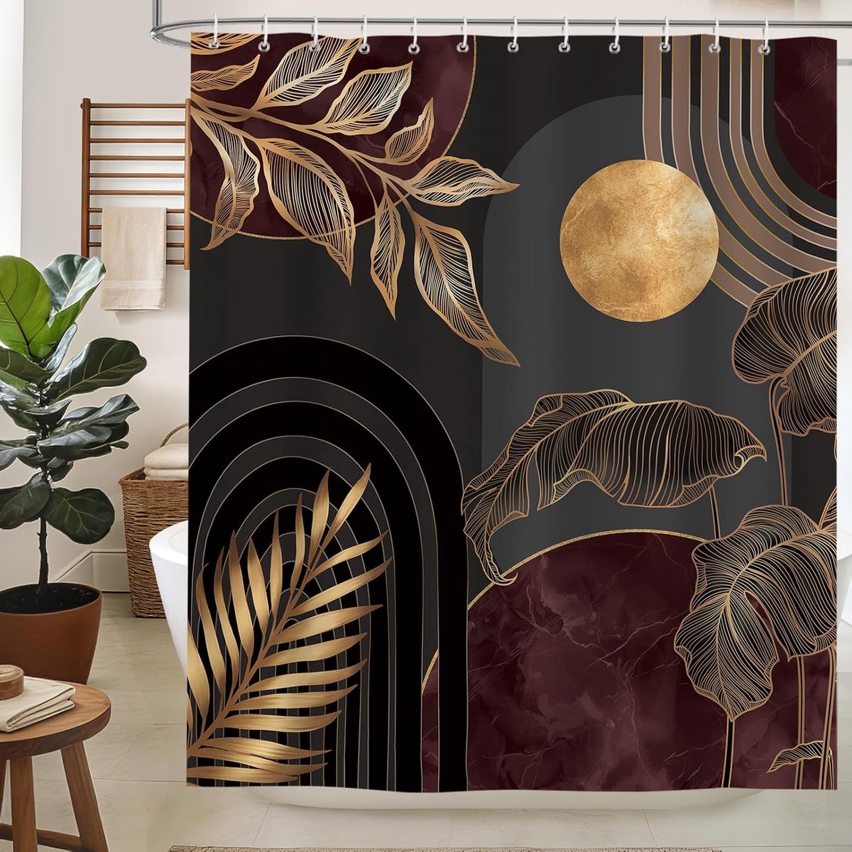 Douchegordijn 182 x 198 cm - Boho Donkerrood met Gouden Bladeren - Waterdicht Polyester - ShopVlot