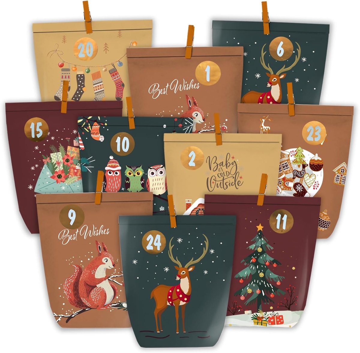 Adventskalender met 24 papieren zakken - kraftpapier - kerstmotieven - voor zelfgemaakte versieringen - ShopVlot