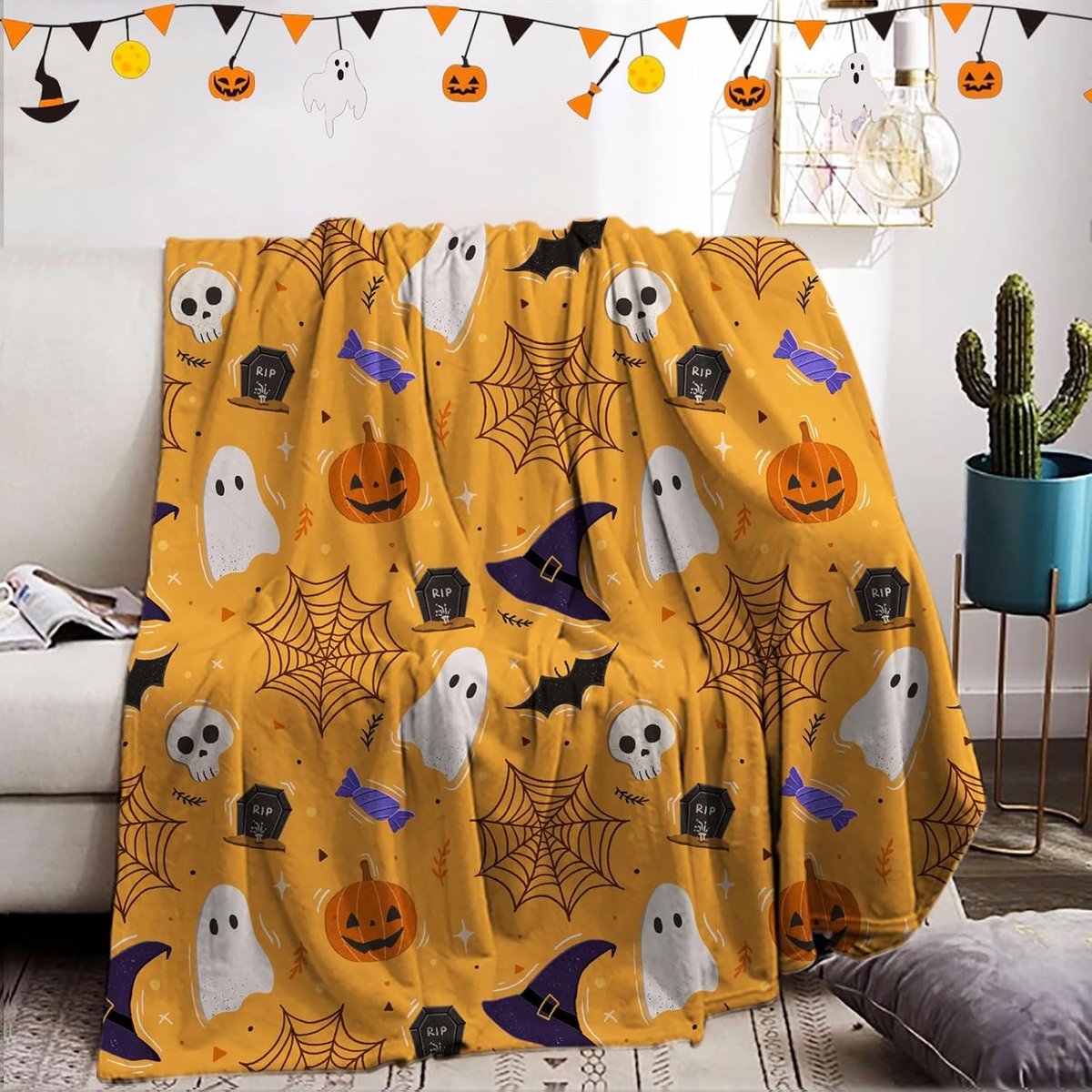 Halloween Dekentje 130x150 - Flanellen Plaid - Bat en Pompoen Design - Gezellig voor op de Bank - ShopVlot