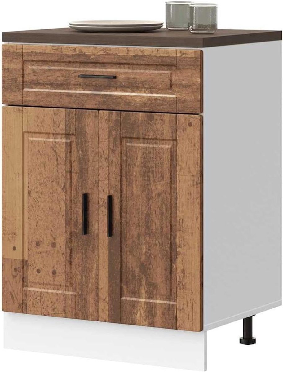 Keukenkast Porto - Onderkast Keuken - Keuken Organiseren - Verstelbare Poten - 60 x 46 x 81.5 cm - Antiek Hout
