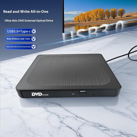 Externe CD/DVD Brander - Optisch Station - Schijven Lezen/Schrijven - USB-C en USB 3.0 - 14 cm - Zwart — afbeelding 3