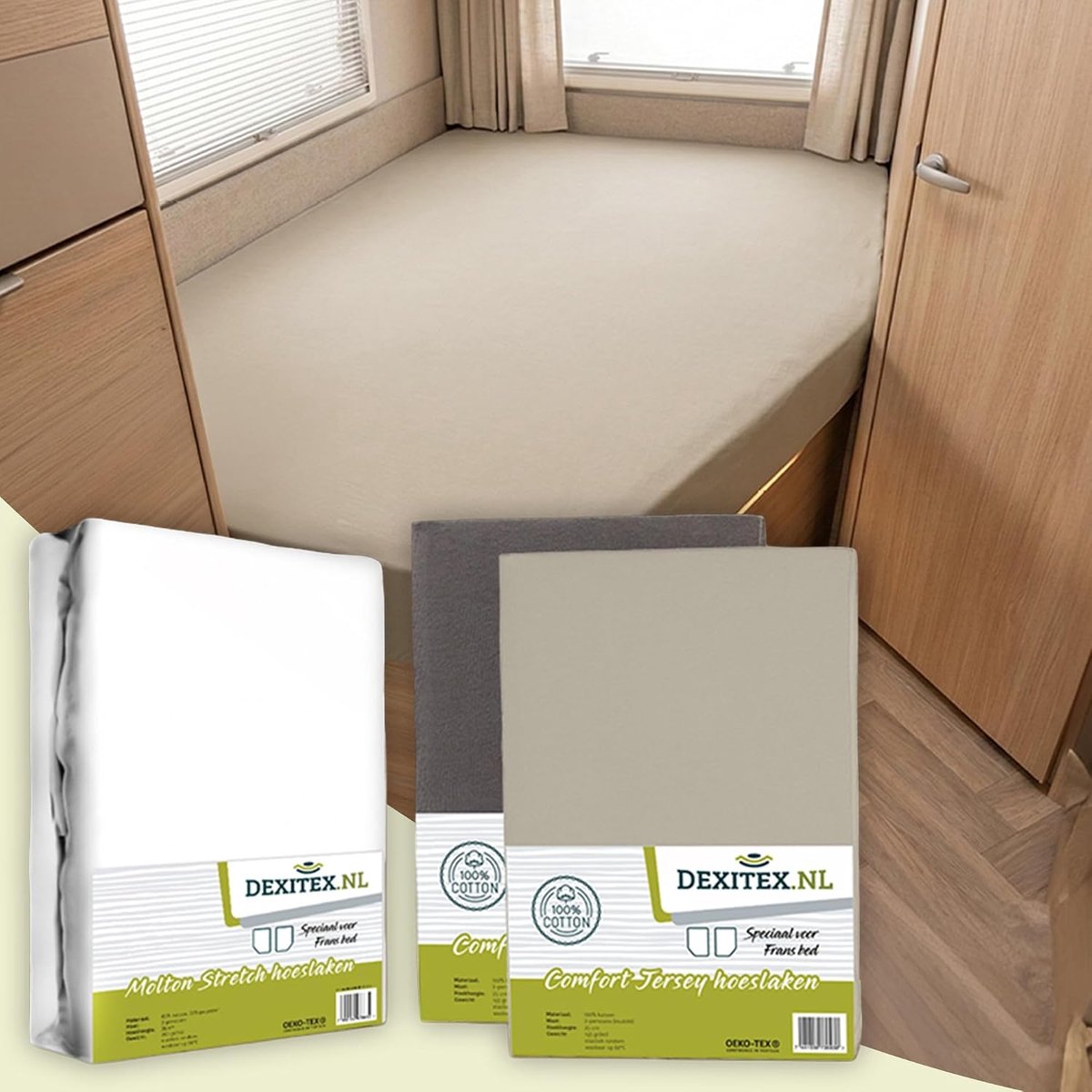 Spannbettlaken Wohnmobil 3er Set - 1 Sand + 1 Antraciet - Matratzenschoner Rechts - Ideaal voor Franse Betten - ShopVlot
