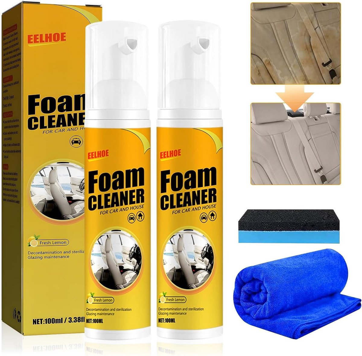 SnelShoppen - 2-delige foam cleaner set met spons en doek (200 ml) voor interieur auto, cockpit onderhoud, hygiënische reiniging voor auto en huishoud