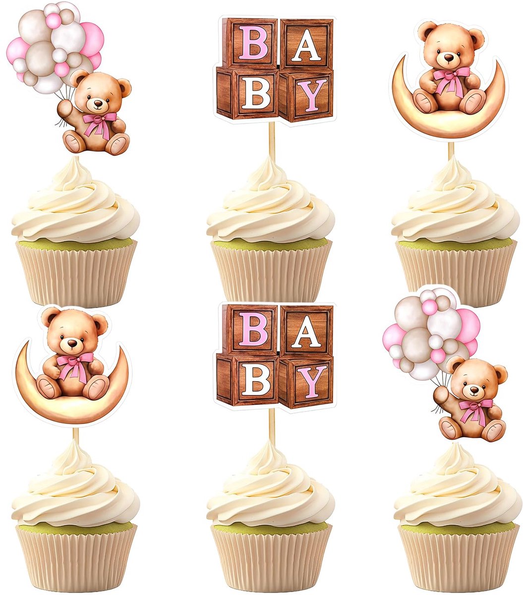 Set van 24 taartdecoraties - roze beer - beren thema - perfect voor baby shower - ShopVlot
