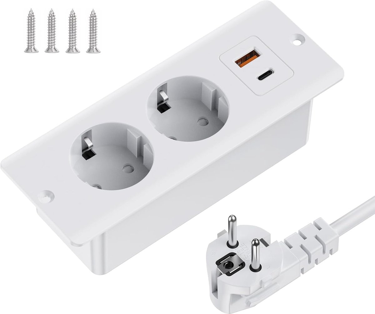 Stopcontact, 2-voudig, inbouwstekkerdoos met 2 USB, inbouwstopcontact, meervoudig stopcontact, tafelcontactdoos met 2 USB, tafelblad verzonken stopcontact, wit