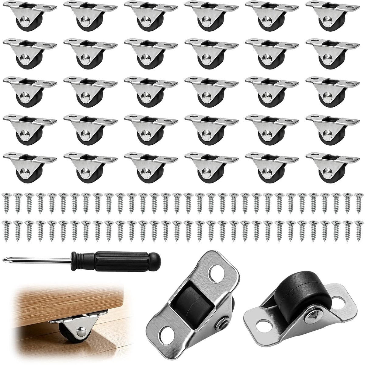 32 stuks mini-meubelwielen, klein 12 mm met 64 schroeven, rubberen wielen met stalen bovenplaat, kleine wielen voor meubels, laden, kasten, doe-het-zelfprojecten