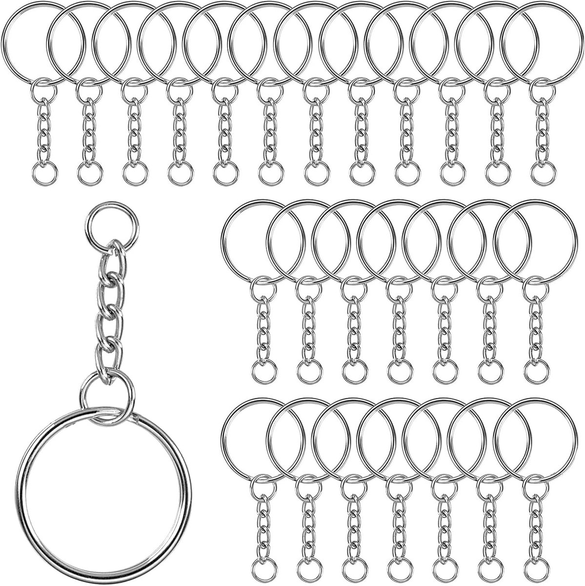 100 stuks, 25 mm, sleutelhangers met ketting, sleutelhangers met splitringen voor doe-het-zelf sleutelhangerknutselwerk (zilver)