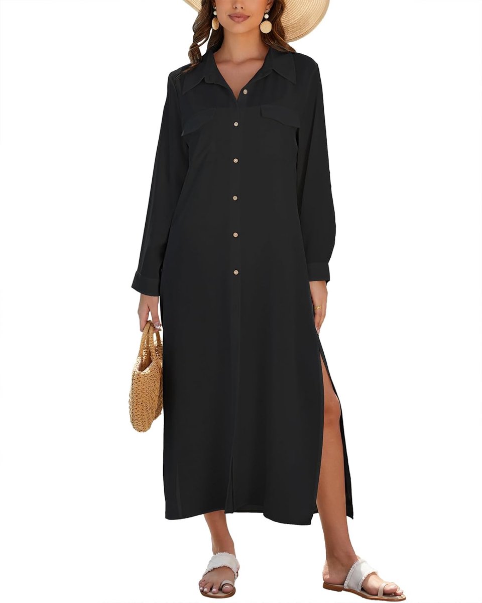 Strandjurk voor dames, badmode, cover-up met lange mouwen, knopen, strandjurk, beachwear, vakantie