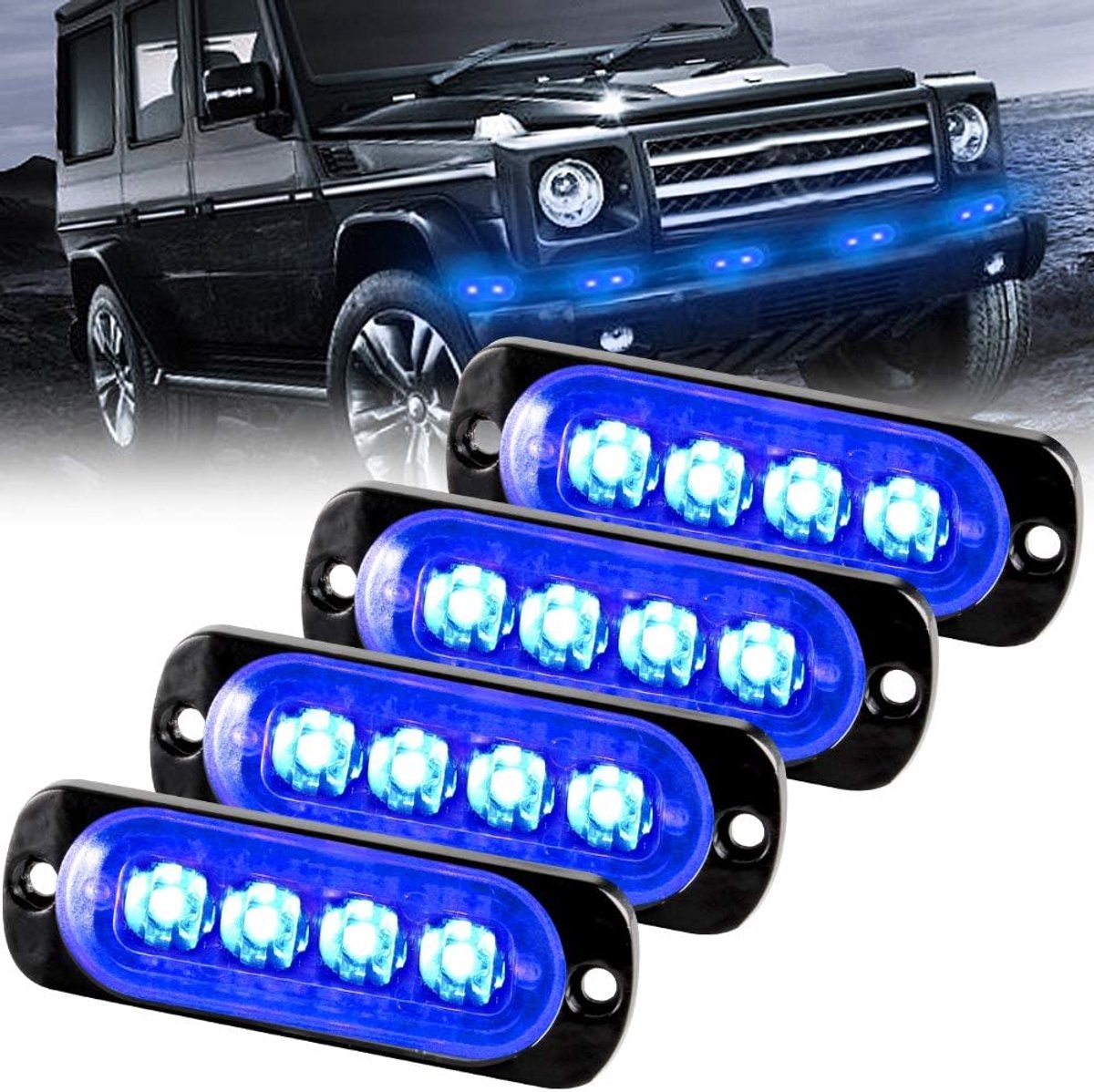 4PCS Sync-functie 4-LED 12W Emergency Hazard Strobe Warning Grille Working Light Bar voor 12-24V Car Vehicle Truck-veiligheid Knipperlicht Waarschuwingslicht (blauw)