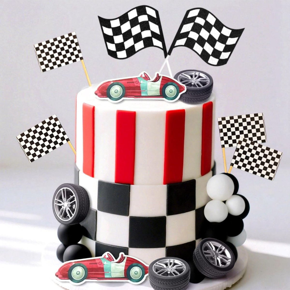 Rood raceauto taart decoratie auto taart topper geruite vlag taart topper | rood raceauto taart decoratie auto taart topper geruite vlag taart topper twee snel groot worden verjaardag decoratie snelle