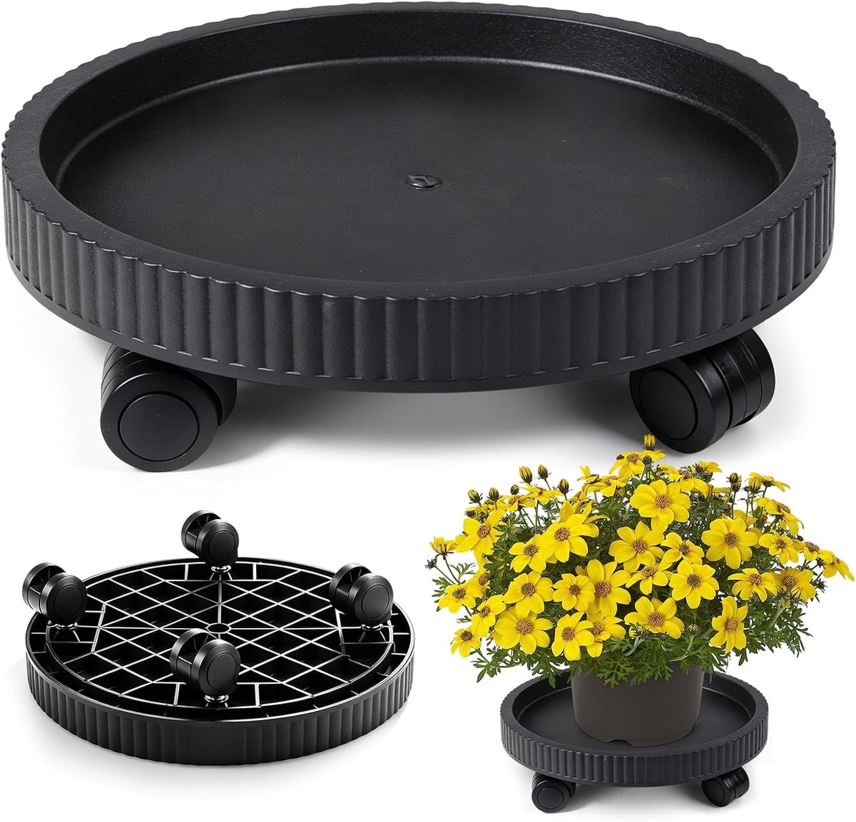 Rond, 40 cm, onderzetter, bloempot met 360 graden wielen, rolplank, plantenroller, bloemenroller, bloemenrolplank, zware belasting, plantenroller voor bloempotten en bloempotten