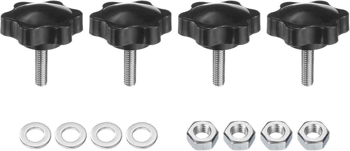 4 stuks kartelschroeven stergreepmoer M6 x 20 mm metrisch 304 roestvrij staal mannelijke schroefdraad 38 mm kartelmoer 6-sterren kunststof schroefdraadstift handknoppen handgrepen