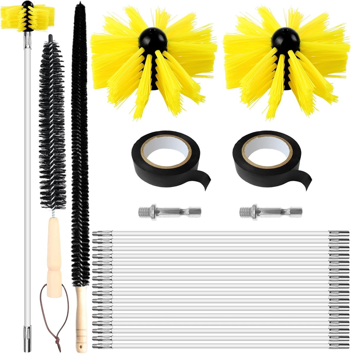 Schoorsteenreinigingsset 24-delig, met 16 stangen van 41 cm, 2 borstelkoppen 15 cm, 2 zeskantstangen 4,5 cm, 1 houten borstel 38 cm, 1 borstel 75 cm, 2 plakbanden