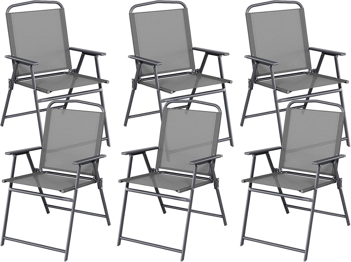 Tuinstoelen, set van 6, klapstoelen met rugleuning, armleuningen, terrasstoelen, outdoor stoelen, tot 150 kg belastbaar, klapstoel voor camping, strand, tuin, zwembad, terras, grijs