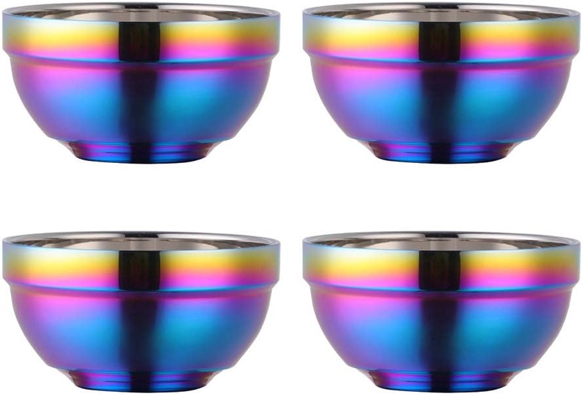 Müslischalen uit 18/10 roestvrij staal 500 ml regenboog soepkommen 4-delig set rijstkom groot noedelschaal dessertkommen breed 13 cm (5,1 inch) metalen ramen schaaltjes dubbellaags anti-heet