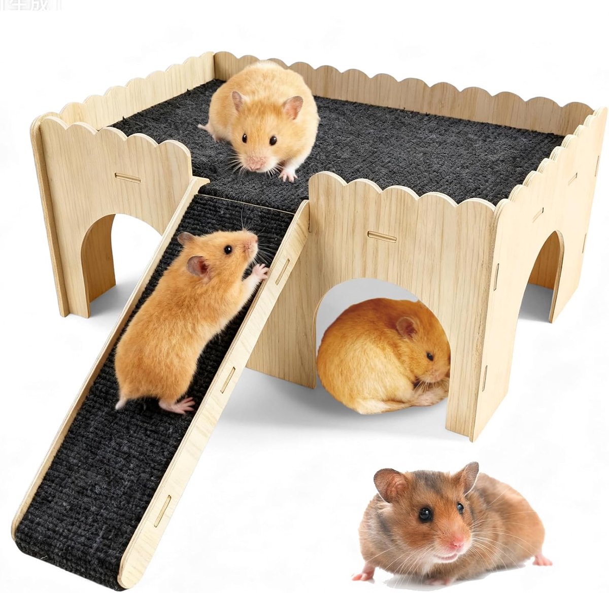 caviahuis met trap en matten, groot 38 x 25 x 18 cm, houten verstopplaats, afneembaar, speelgoedaccessoires voor kleine huisdieren zoals chinchilla's hamsterkonijnen en racemuizen