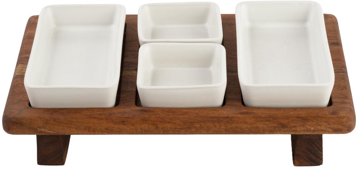 Pure Acacia Wood Borreltray 31cm 3-vaks met schaaltjes wit