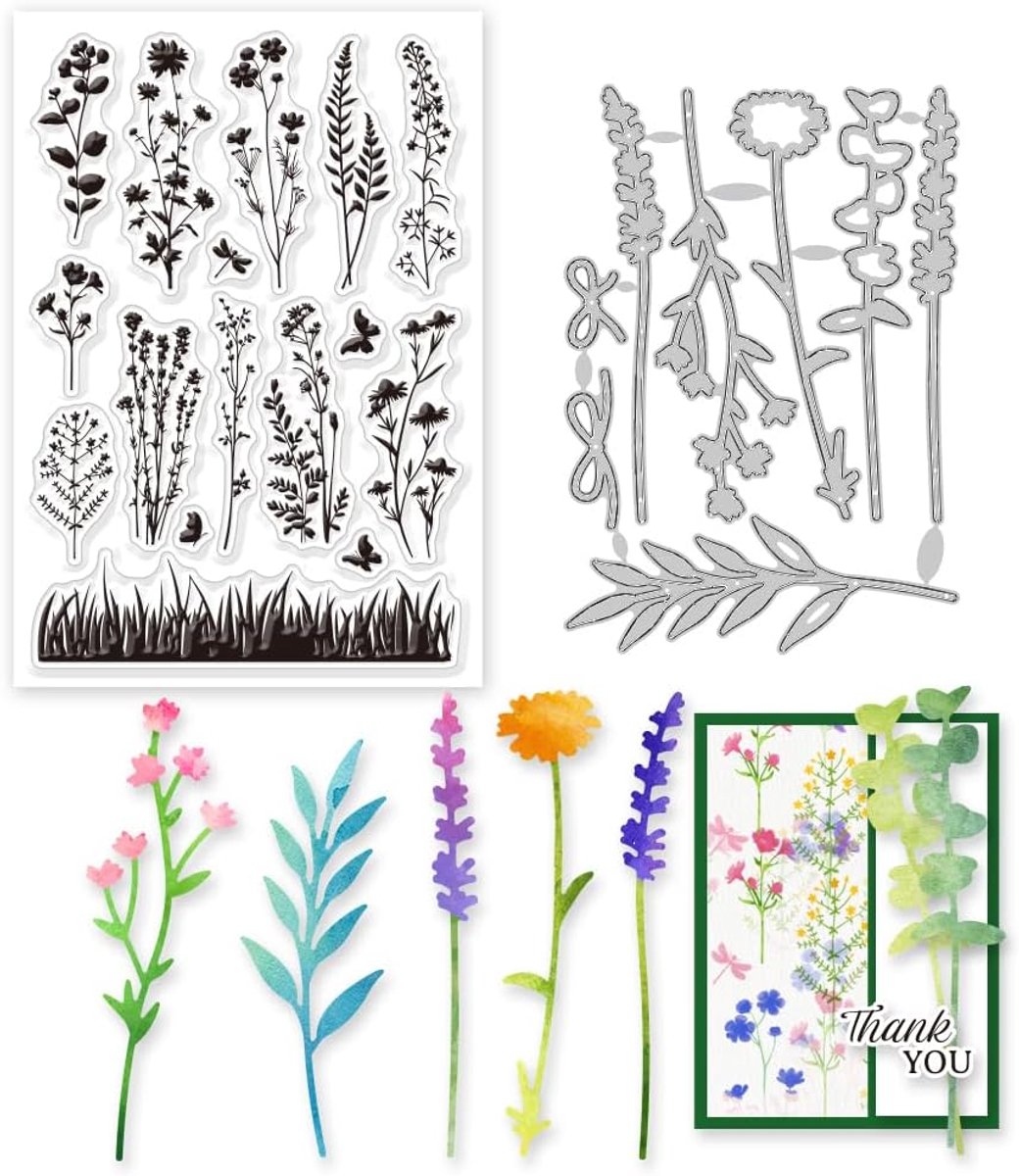 2 Stks Wildflower Weide Silhouet Clear Stempels en Snijmallen Siliconen Clear Stempels Kaarten en Metalen Die Cuts Voor Kaarten Maken En Diy Embossing Scrapbooking
