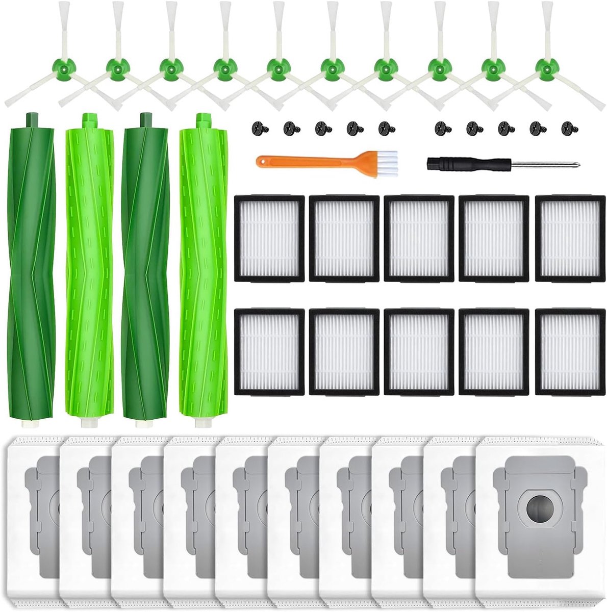 Accessoireset voor iRobot Roomba serie E & I, i7 i7+ i7 Plus /i3 i3+ /i4 i4+ /i6 i6+ /i8 i8+ /E5 /E6 /E7, 4 rubberen borstels, 10 filters, 10 stofzakken, 10 zijborstels