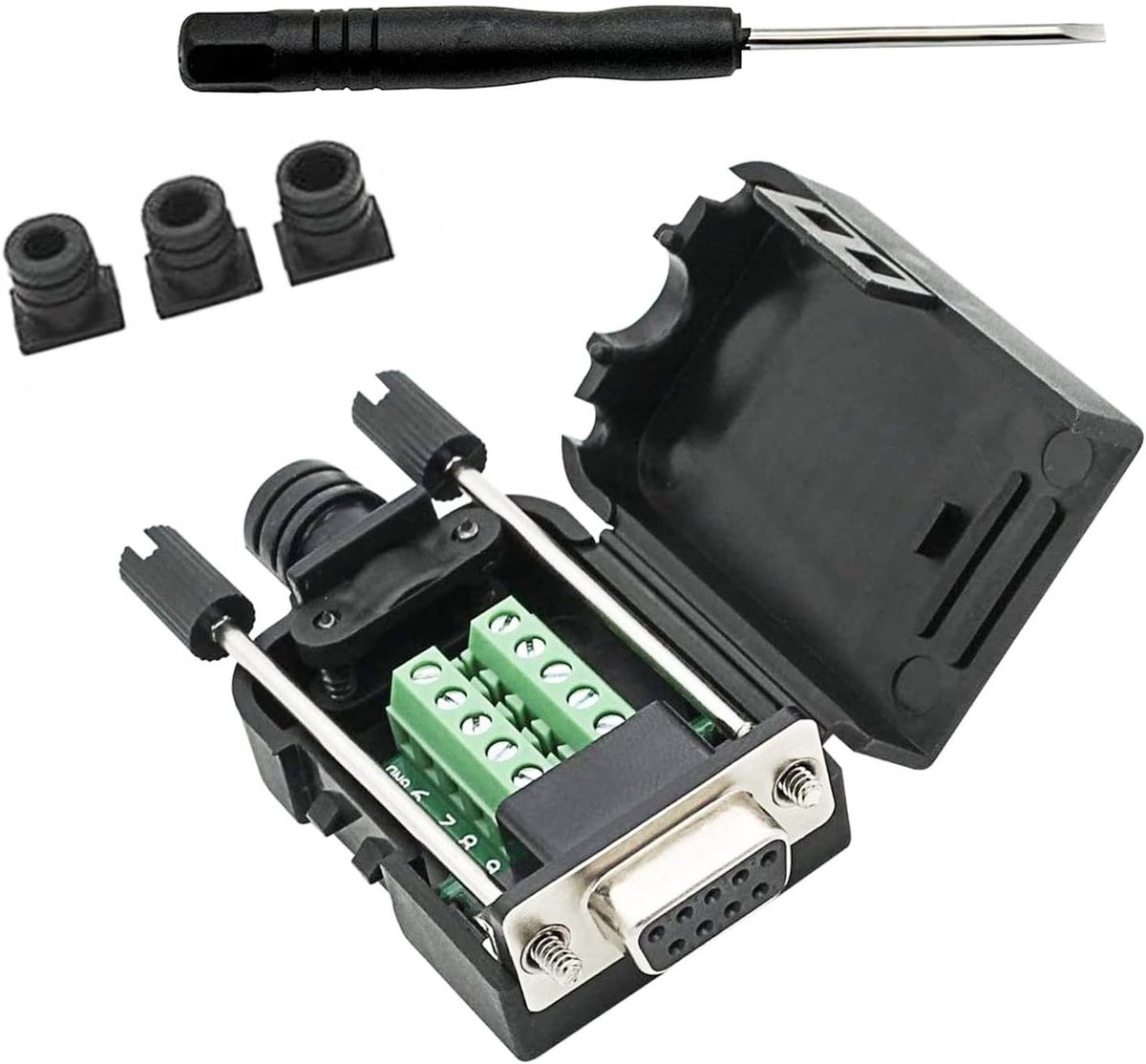 Naarbedrading Solderles Terminal RS232Femal Bolt | D-SUB Vrouwelijke Seriële Adapter 9pin Port Breakout Board Zwart Rubber Core met Case, Schroevendraaier, Lange Bouten