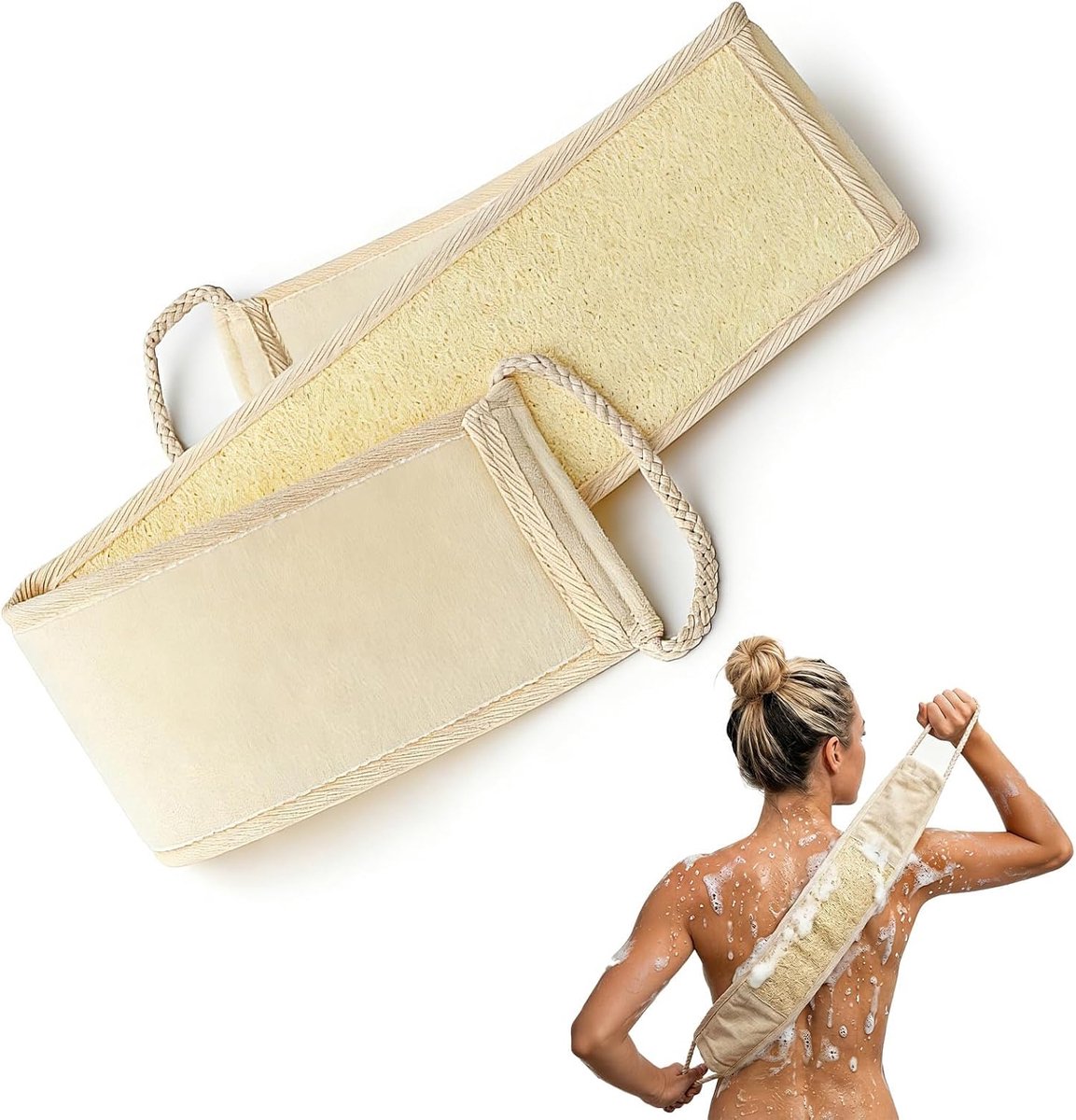 rugborstel, rugborstel douche, loofah rugscrubber voor de douche - ergonomische band met koordgrepen, peelingspons voor dames en heren (beige, 1 stuk)