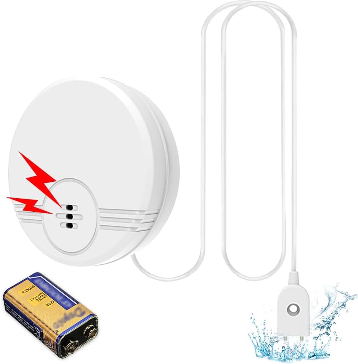 Watermelder, wateralarm met batterij, 135 dB watersensor met 104 cm lange kabel, watersensor, alarm, waterbewaker voor kelder, badkamer, bijkeuken, keuken, wit (levering met batterij)